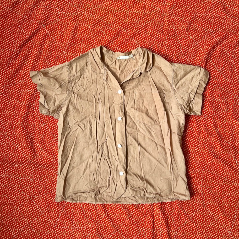 True Vintage 1950s Tuxedo Sanforized Tan Brown Short Sleeve Button Up Blouse 38